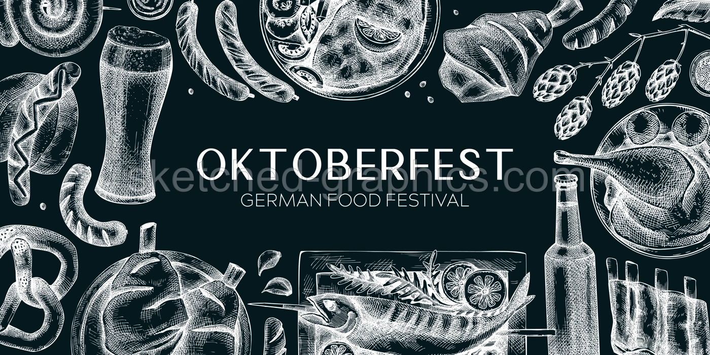 Oktoberfest background. German food and drinks menu design template. Meat dishes sketches. German cuisine vintage frame. Traditional beer festival banner. Oktoberfest party on chalkboard Illustration